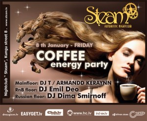 Nedēļas nogalē naktsklubs "Steam" aicina uz COFFEE energy party